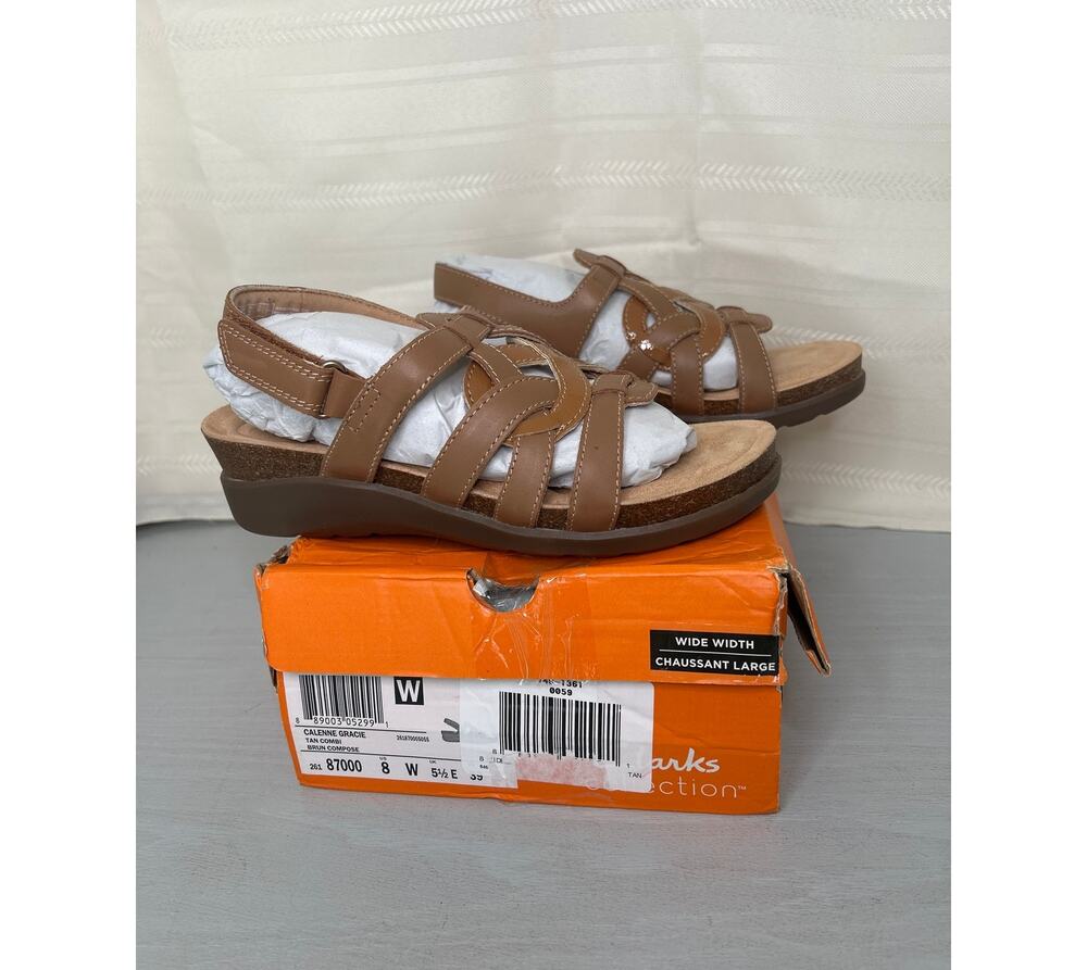 Clarks Calenne Gracie Strappy Wedge Sandals Tan Combi Womens Sz 8W